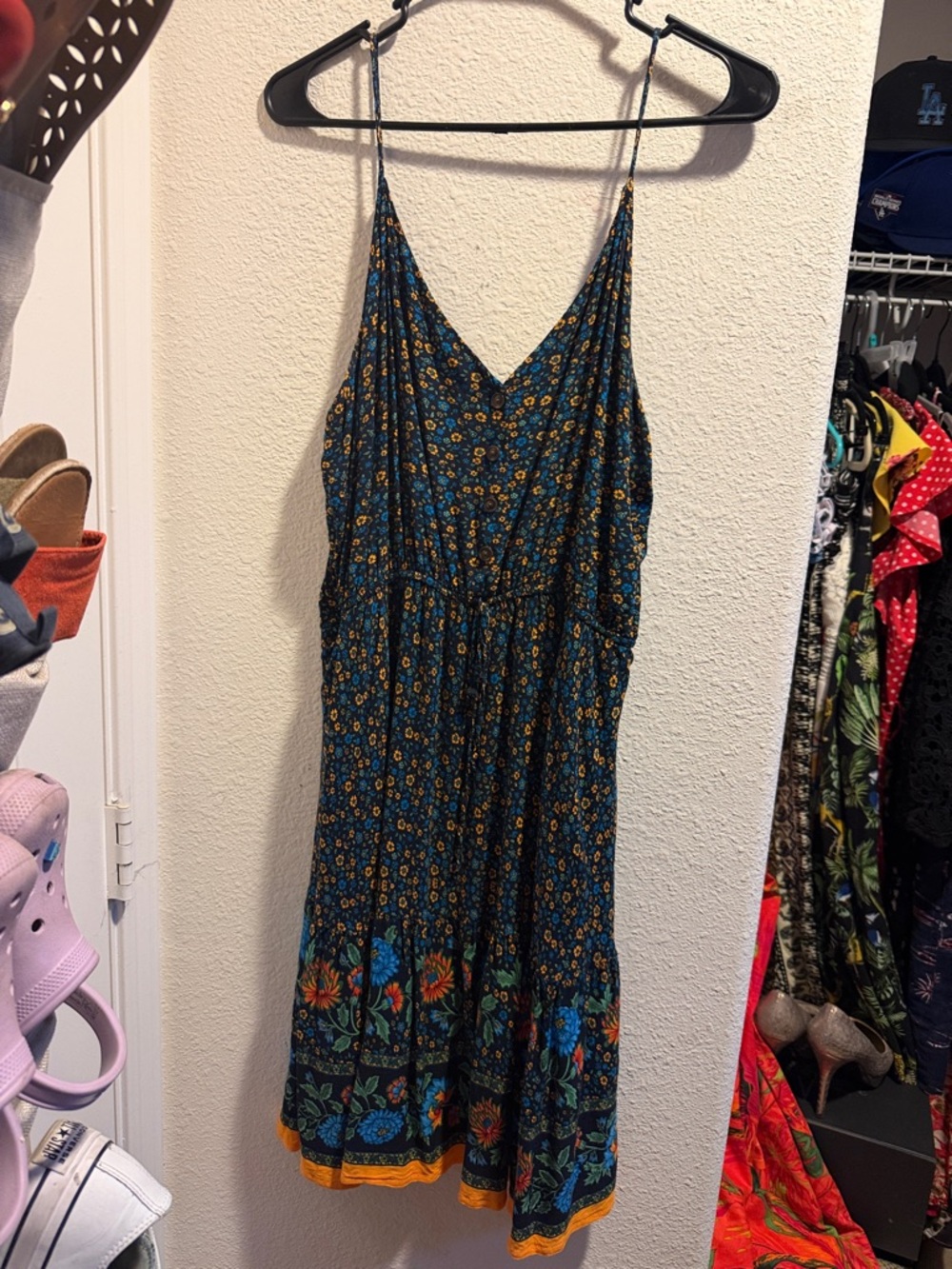 Teal Floral Midi Sundress with Spaghetti Straps
